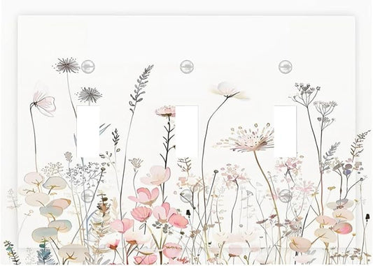 Floral Watercolor Wildflower Dandelion Plant Decorative Switch Plates 3 Gang Wall Plate Triple Toggle Light Switch Cover Faceplate Electrical Wall Panels for Farmhouse Bed Room Decor