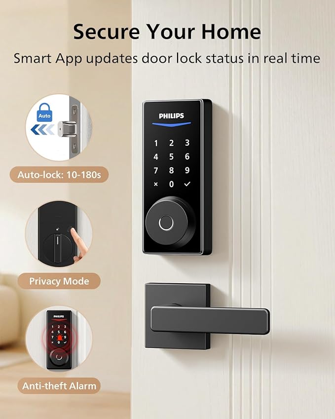 Philips Bluetooth Smart Door Lock with Matter, Keyless Entry Door Lock with App Control, Fingerprint Front Door Lock Set, Keypad Deadbolt Lock with Apple Home, Alexa, Google, Touchscreen Smart Lock