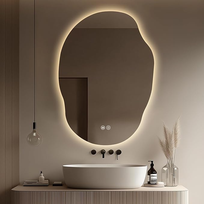 LED Mirror for Bathroom 22x30 in, Stepless Dimmable Irregular Backlit Mirror with 3 Colors, Anti-Fog, Memory, Al-Alloy Lampshade, Frameless Vanity Mirror for Bathroom (Horizontal/Vertical)