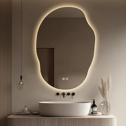 LED Mirror for Bathroom 22x30 in, Stepless Dimmable Irregular Backlit Mirror with 3 Colors, Anti-Fog, Memory, Al-Alloy Lampshade, Frameless Vanity Mirror for Bathroom (Horizontal/Vertical)