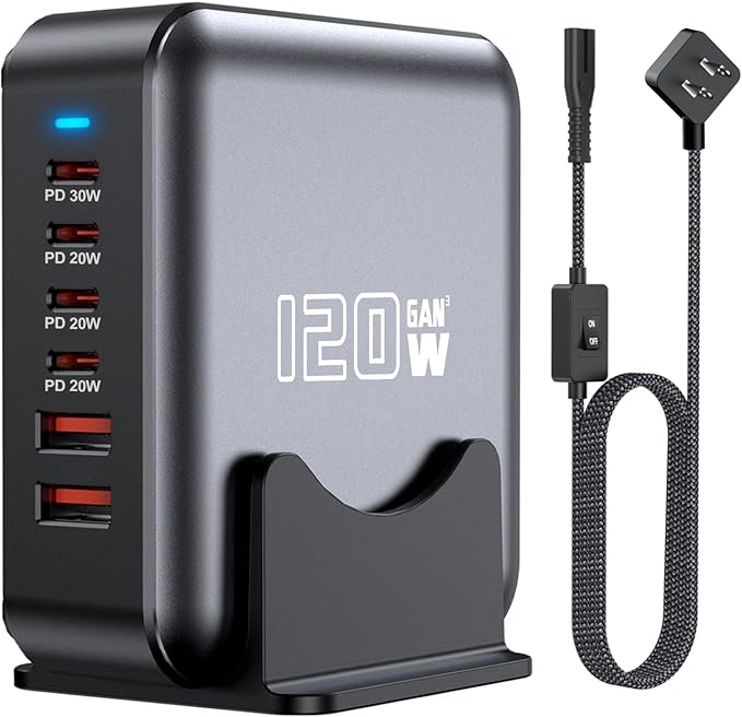 USB C Fast Charger Block, 120W 6-Port Charging Station Hub Adapter, USB C Wall Multi Charger Power Strip Plug with On/Off Switch for iPad iPhone 17 16 15 14 13 12 Pro Max Galaxy S23 (Black)