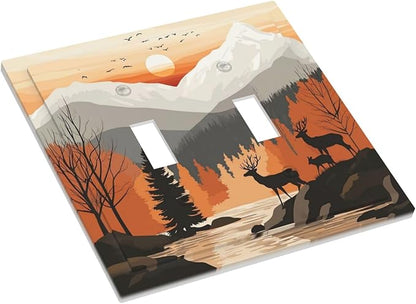 Sun Forest Deer Snow Mountain River Decorative Switch Plates 2 Gang Double Toggle Outlet Light Switch Cover Wall Plate Electrical Faceplate For Bed Room Living Room Decor