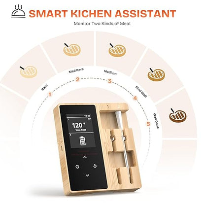 Smart Wireless Meat Thermometer with 2 Color-Coded Probes,Standalone Display Base, Accuracy ±1°F，Digital Bluetooth Thermometer for Cooking, Oven, Smoker, BBQ, Grill Real-Time Monitoring in App