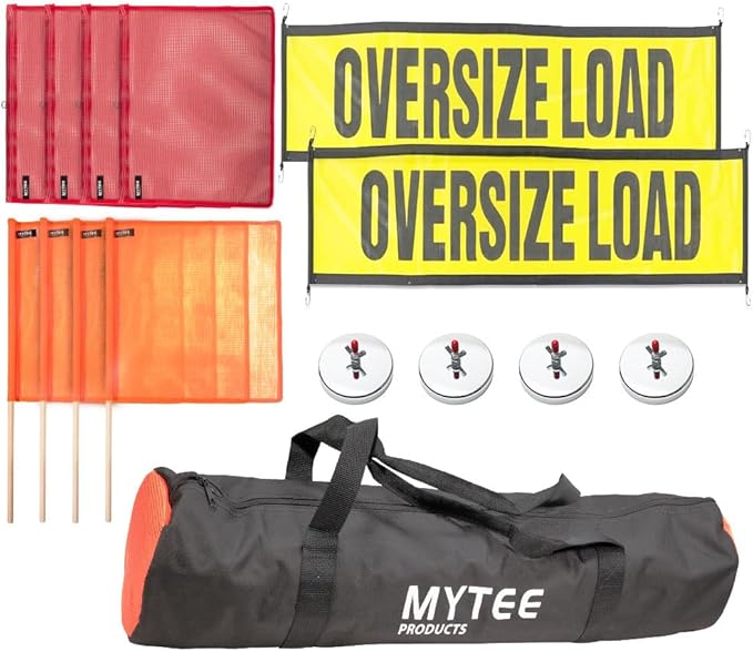Mytee Products 15 Pcs Magnetic Oversize Load Sign Kit - 2 Mesh Oversized Load Banner, 8 Pcs Mesh Warning Flag w/Wood Dowel & Wire Loop, 1 Bag & 4 Magnetic Flag Holder for Construction, Pedestrian Sign