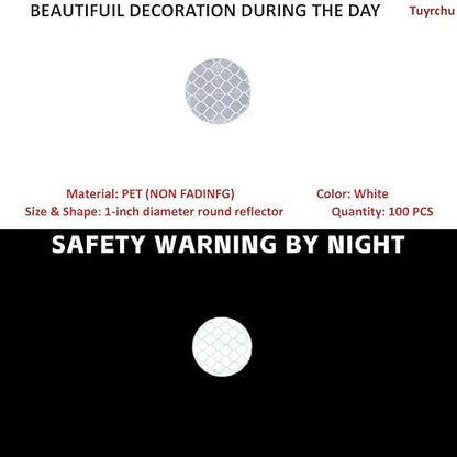 Non Fading White Reflective Stickers 1-inch Diameter Round Reflector, Outdoor Waterproof High Visibility Warning Adhesive Tape (100 Pcs)