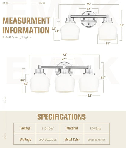 Emak Brushed Nickel Bathroom Light Fixtures, 2-Light Bathroom Vanity Light with Milk Glass Shade, Modern Vanity Lights for Bathroom, Mirror, VL122-BN-ML-2