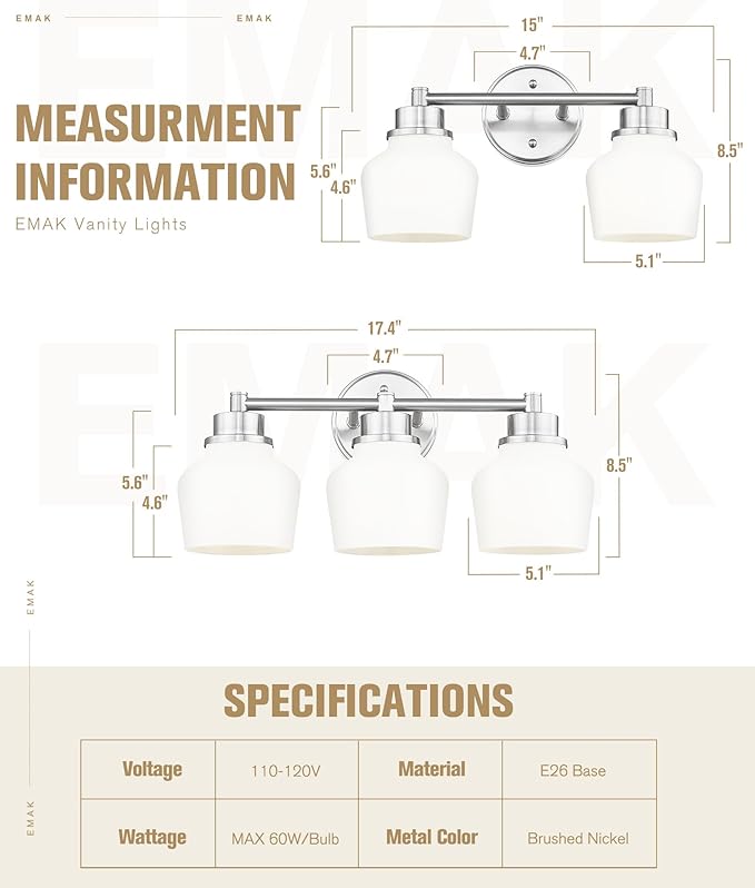 Emak Brushed Nickel Vanity Lights, Modern Milk Glass Bathroom Light Fixtures, 3-Light Bathroom Vanity Light Over Mirror, VL122-BN-ML-3