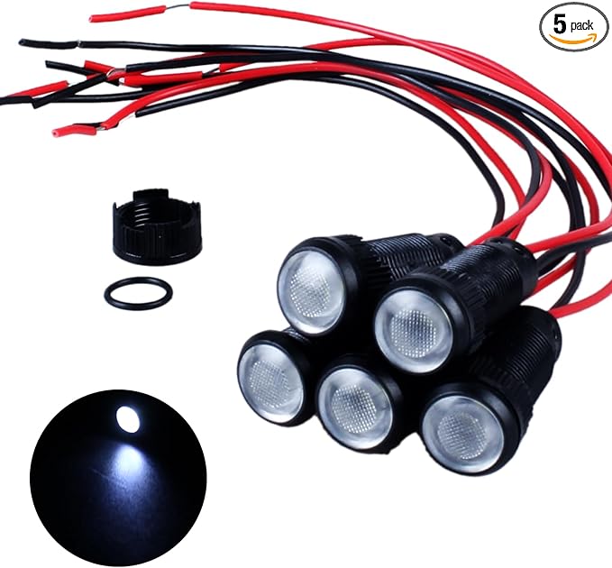 5pcs 10mm LED Indicator Light Plastic Black Signal Dot Lamp 12V-24V 2/5" Mounting Hole Size with 15cm/5.9in. Wire (White LED)