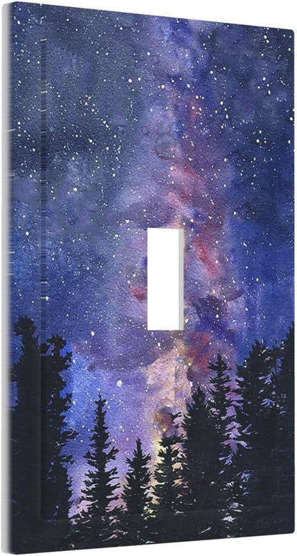 Decorative Light Switch Cover Dream Milky Way Starry Forest Pine Watercolor Painting 1 Gang Single Toggle Decorator Outlet Wall Plate Device Electrical Faceplate Switchplates for Bedroom Home Decor