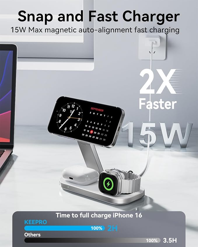 3 in 1 Wireless Charging Station for Apple Devices, Magnetic Foldable Fast Charger Stand Compatible with MagSafe for iPhone Air/17/16/15/14/13/12 Series, Apple Watch & AirPods Pro/4/3/2