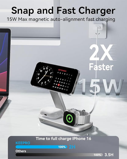 3 in 1 Wireless Charging Station for Apple Devices, Magnetic Foldable Fast Charger Stand Compatible with MagSafe for iPhone Air/17/16/15/14/13/12 Series, Apple Watch & AirPods Pro/4/3/2