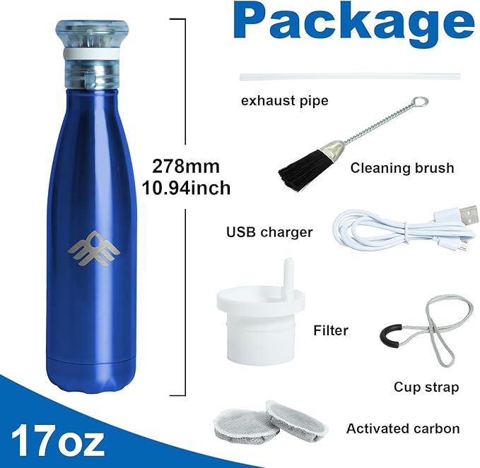 Smart Self-Cleaning Water Bottle 17oz Cobalt Stainless Steel Insulated Purifying Bottle LED + Activated-Carbon Dual Filtration USB-C Rechargeable BPA-Free for Outdoor, Gym & Office