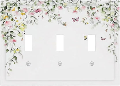 Watercolor Flowers Vine Colorful Butterfly Floral Decorative Switch Plates 3 Gang Wall Plate Triple Toggle Light Switch Cover Faceplate Electrical Wall Panels For Bed Room Living Room Decor