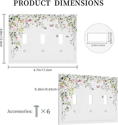 Watercolor Flowers Vine Colorful Butterfly Floral Decorative Switch Plates 3 Gang Wall Plate Triple Toggle Light Switch Cover Faceplate Electrical Wall Panels For Bed Room Living Room Decor