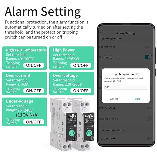 Smart Home DIN Rail WiFi Switch, 1P+N 1‑63A, Over-Current Protection, Tuya/Smart Life Remote Control, Voice Control via Alexa &Google Assistant, Energy Monitor, Timer Functions, FCC Certified