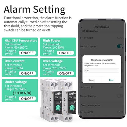 Smart Home DIN Rail WiFi Switch, 1P+N 1‑63A, Over-Current Protection, Tuya/Smart Life Remote Control, Voice Control via Alexa &Google Assistant, Energy Monitor, Timer Functions, FCC Certified
