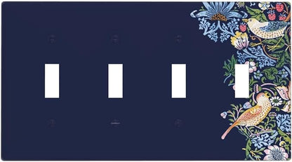 Decorative Light Switch Cover Plate Vintage Blue Morris Strawberry Thief Bird Flower 4 Gang Wall Plate Oversized Quad Toggle Switch Cover Plate Jumbo Faceplate