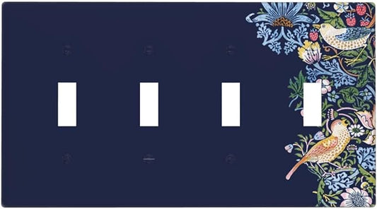 Decorative Light Switch Cover Plate Vintage Blue Morris Strawberry Thief Bird Flower 4 Gang Wall Plate Oversized Quad Toggle Switch Cover Plate Jumbo Faceplate