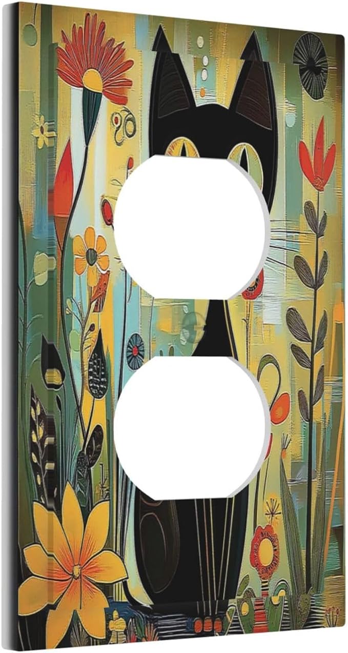 Funny Cat Retro Abstract Flowers Kitten Outlet Covers 1 Gang Duplex Light Switch Cover Decorative Switch Plates Electrical Receptacle Faceplate Wall Plate For Kids Room Bed Room Decor