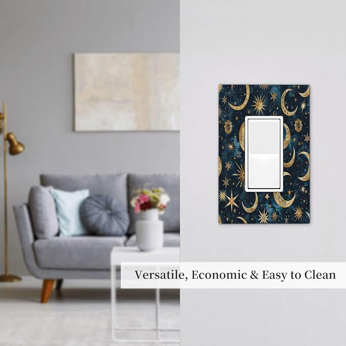 Decorative Outlet Covers Modern Abstract Sky Blue Gold Moon Sun Star 1 Gang Single Rocker Light Switch Cover Plate Wall Plates GFCI Faceplate for Bedroom Kids room Decor