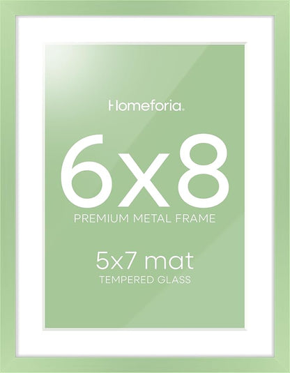 Homeforia Sage Green 6x8 Picture Frame, High End Metal 6 x 8 Frames with Mat 5 x 7 for Photo, 6by8 Desk Frame Matted to 5x7 inch Art, 6 by 8 Wall or Tabletop Frames, Tempered Glass, Wall Kit, Set of 1