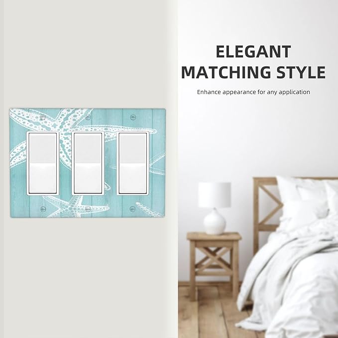 Decorative Outlet Covers Starfish Teal Wood Board Nautical 3 Gang Light Switch Cover Plate Triple Rocker Wall Plates for Electrical Outlets Switch Plate Covers for Bedroom Home Decor
