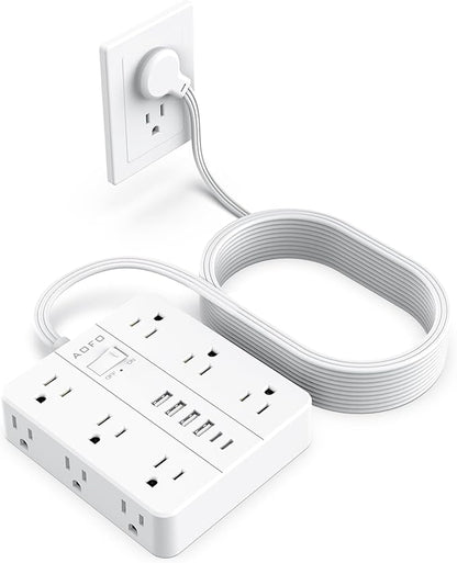 25FT Surge Protector Power Strip,12 AC Outlets with 6 USB Ports (2 USB-C), Flat Plug Extension Cord with Multiple Outlets, Wall Mount for Home Office,Dorm, White