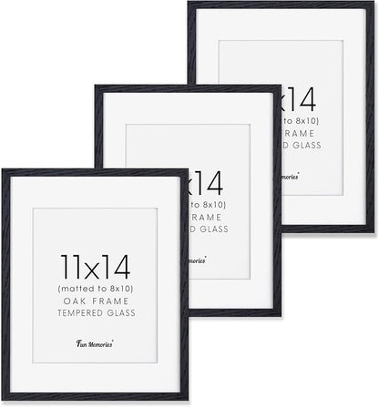 Fun Memories Black Picture Frames 11x14 Set of 3, Light Wood 11 x 14 Frames for Wall, Solid Oak Wood Frame 11 by 14 with Tempered Glass, 11x14 Frame with Mat for 8x10, Black 11x14 Poster Frames
