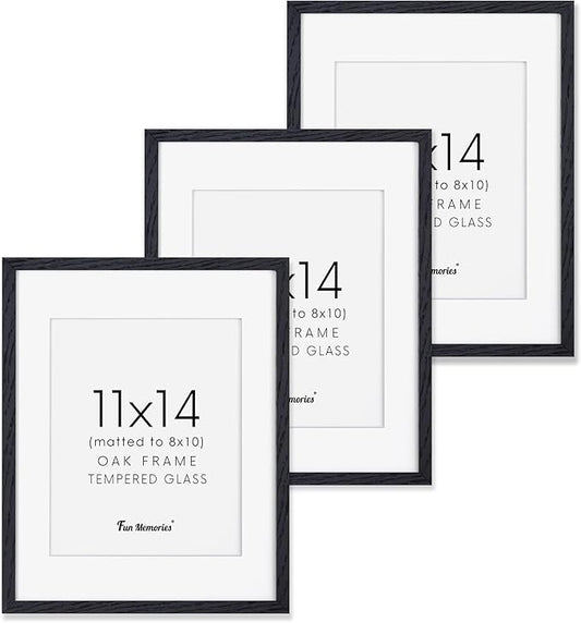 Fun Memories Black Picture Frames 11x14 Set of 3, Light Wood 11 x 14 Frames for Wall, Solid Oak Wood Frame 11 by 14 with Tempered Glass, 11x14 Frame with Mat for 8x10, Black 11x14 Poster Frames