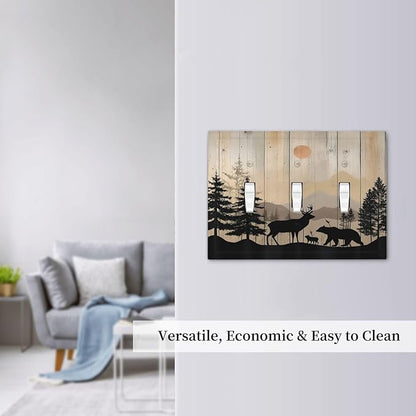 Decorative Switch Plates Wood Board Wildlife Cute Bear Deer Forest Rustic 3 Gang Wall Plate Triple Toggle Light Switch Cover Faceplate Electrical Wall Panels for Bathroom Farmhouse Decor