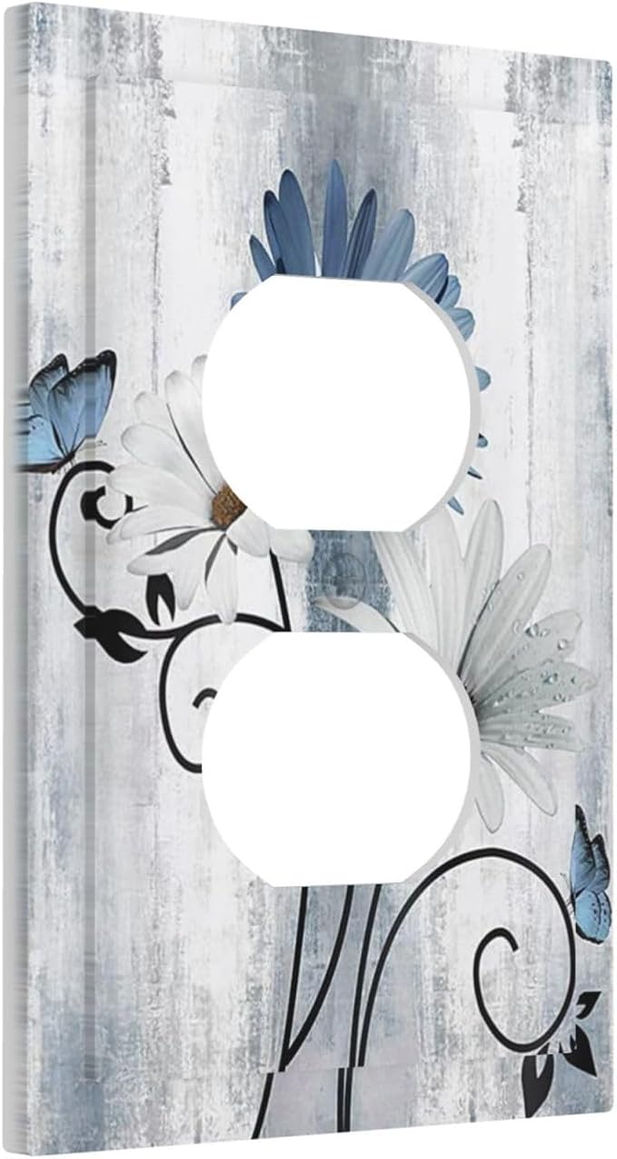 Decorative Outlet Covers Rustic Blue White Daisy Ink Flower 1 Gang Duplex Light Switch Cover Plate Unique Wall Plates for Electrical Outlets Switch Plate Covers for Bedroom Home Decor