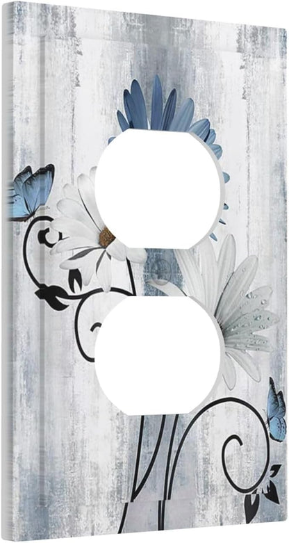 Decorative Outlet Covers Rustic Blue White Daisy Ink Flower 1 Gang Duplex Light Switch Cover Plate Unique Wall Plates for Electrical Outlets Switch Plate Covers for Bedroom Home Decor