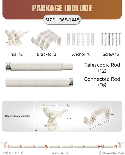 White Curtain Rod 36 to 144 Inches Curtain Rods for Windows Adjustable Heavy Duty Drapery Rod with Bird Finials for Kitchen Window Living Room