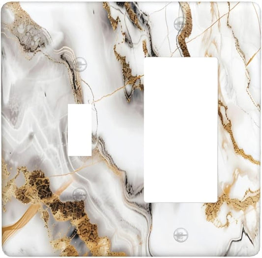 Luxurious Marble Abstract White Gold Tile Modern Simplicity Outlet Covers 1 Toggle 1 Rocker Combination Decorative Wall Plate Electrical Switch Plates Light Switch Cover Plate for Bathroom Kitchen