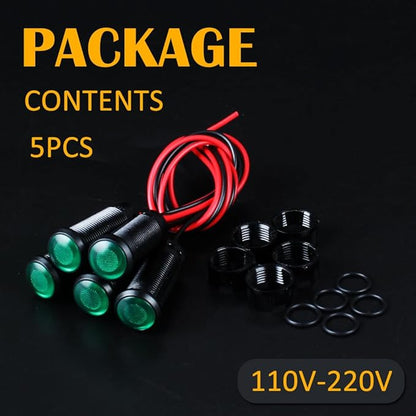 5pcs 10mm LED Indicator Light Plastic Black Signal Dot Lamp 110-220VAC 2/5" Mounting Hole Size with 15cm/5.9in. Wire (Green LED)