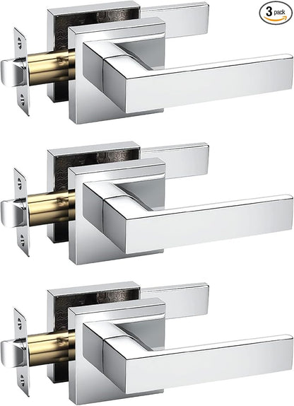 KNOBWELL 3 Pack Interior Door Knob with Lever Hallway Closet Door Handle Polished Chrome‌ Square Passage Handleset