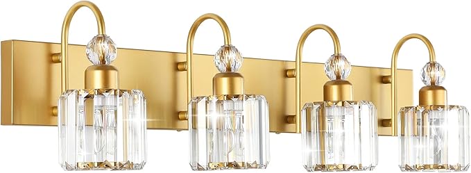 Ralbay Gold Vanity Lights 4-Lights Gold Crystal Bathroom Vanity Lights Over Mirror Modern Crystal Bathroom Wall Lighting Fixtures