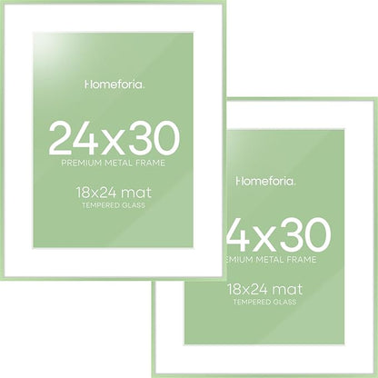 Homeforia 24x30 Frame Sage Green, High End Metal 24x30 Picture Frames with Mat 18x24 Photo, 24 x 30 Sage Green Poster Frame Matted to 18 by 24 Art, 30x24 Thin Frame, Tempered Glass, Wall Kit, Set of 2
