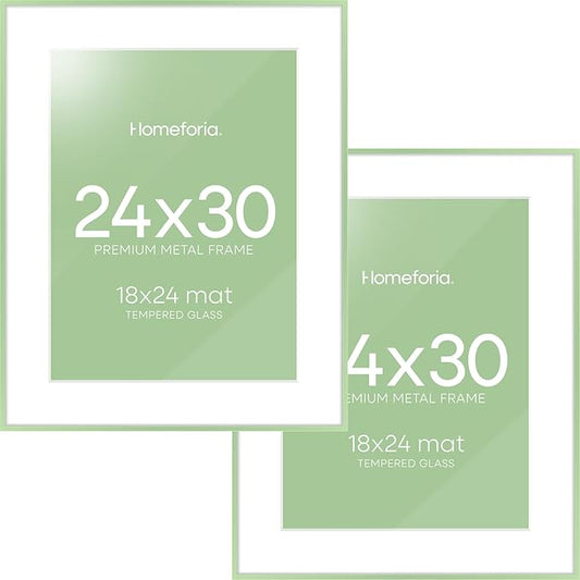 Homeforia 24x30 Frame Sage Green, High End Metal 24x30 Picture Frames with Mat 18x24 Photo, 24 x 30 Sage Green Poster Frame Matted to 18 by 24 Art, 30x24 Thin Frame, Tempered Glass, Wall Kit, Set of 2