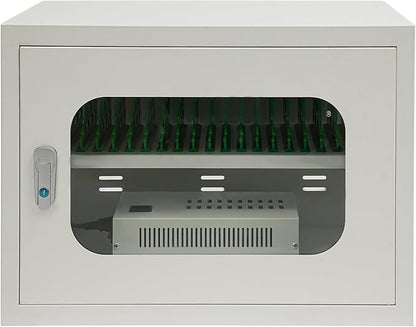 20 Device Charging Station Cabinet with Lock - 200W Multi-Port US Outlet for Phones & Tablets - Wall Mount/Desktop Secure Charging Locker for Schools, Gyms, Hotels - Tempered Glass Door (5V/2A Port)