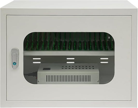 20 Device Charging Station Cabinet with Lock - 200W Multi-Port US Outlet for Phones & Tablets - Wall Mount/Desktop Secure Charging Locker for Schools, Gyms, Hotels - Tempered Glass Door (5V/2A Port)