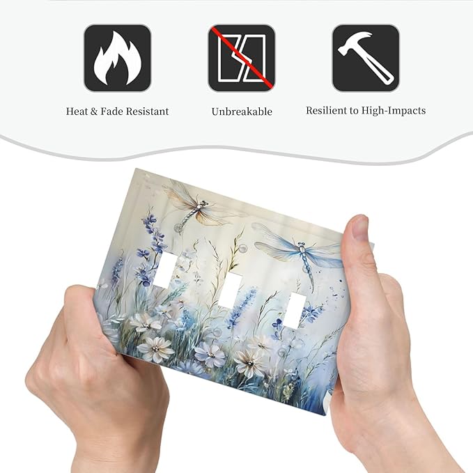 Decorative Light Switch Cover Plate Watercolor Dragonfly Blue Wihte Flower 3 Gang Wall Plates for Electrical Outlets Triple Toggle Switch Plate Covers Outlet Covers Faceplate for Home Decor