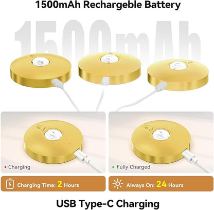Yiliaw Rechargeable Puck Lights with Remote, 3 Pack Magnetic Under Cabinet Lighting, 1500mAh Battery Operated LED Tap Lights with Dimmer & Timmer for Kitchen, Closet, Shelf - 3 Color Temps, Gold