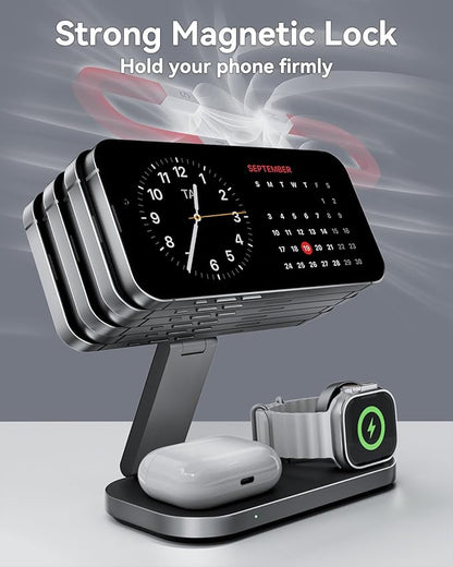 3 in 1 Wireless Charging Station for Apple Devices, Magnetic Foldable Fast Charger Stand Compatible with MagSafe for iPhone Air/17/16/15/14/13/12 Series, Apple Watch & AirPods Pro/4/3/2