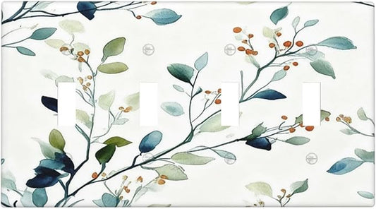 Decorative Light Switch Cover Plate Eucalyptus Leaf Geen Sage Leaves 4 Gang Wall Plates for Electrical Outlets Quad Toggle Switch Plate Covers Outlet Covers Faceplate for Bedroom Home Decor