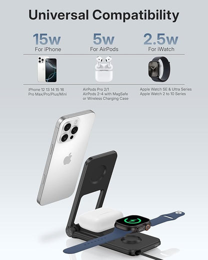 3 in 1 Charging Station for Apple Devices, Magnetic Wireless Charger Stand, 15W Foldable Travel Charging Dock for iPhone 17 16 15 14 13 12 Pro Max Plus Air & Apple Watch & AirPods 4 3 2 Pro, Black