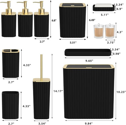 Bathroom Accessory Set - Bathroom Set, 12PC Bathroom Accessories Set, Black Bathroom Accessories Set, Mini Trash Can, Toilet Brush, Trash Can & Soap Dispenser