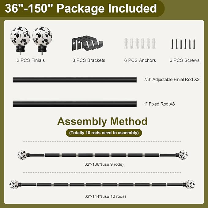 Ceramic Black Curtain Rods for Windows 72 to 144 Inches Adjustable Length Heavy Duty 1" Diameter Window Curtain Rod with Modern Leaf Pattern Decorative Finials for White-themed Bedroom Living Room