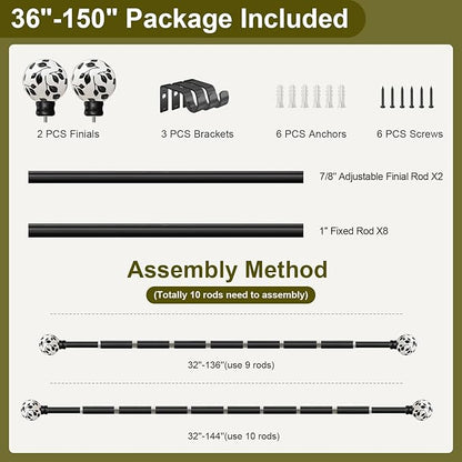 Ceramic Black Curtain Rods for Windows 72 to 144 Inches Adjustable Length Heavy Duty 1" Diameter Window Curtain Rod with Modern Leaf Pattern Decorative Finials for White-themed Bedroom Living Room