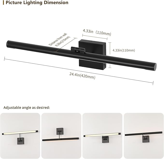 Joosenhouse Battery Operated Picture Lights for Wall Rechargeable Art Lighting for Paintings Wireless Gallery Lights with Remote Control and Timed Dimmable with Single Swing Arm 24.4 Inch Black